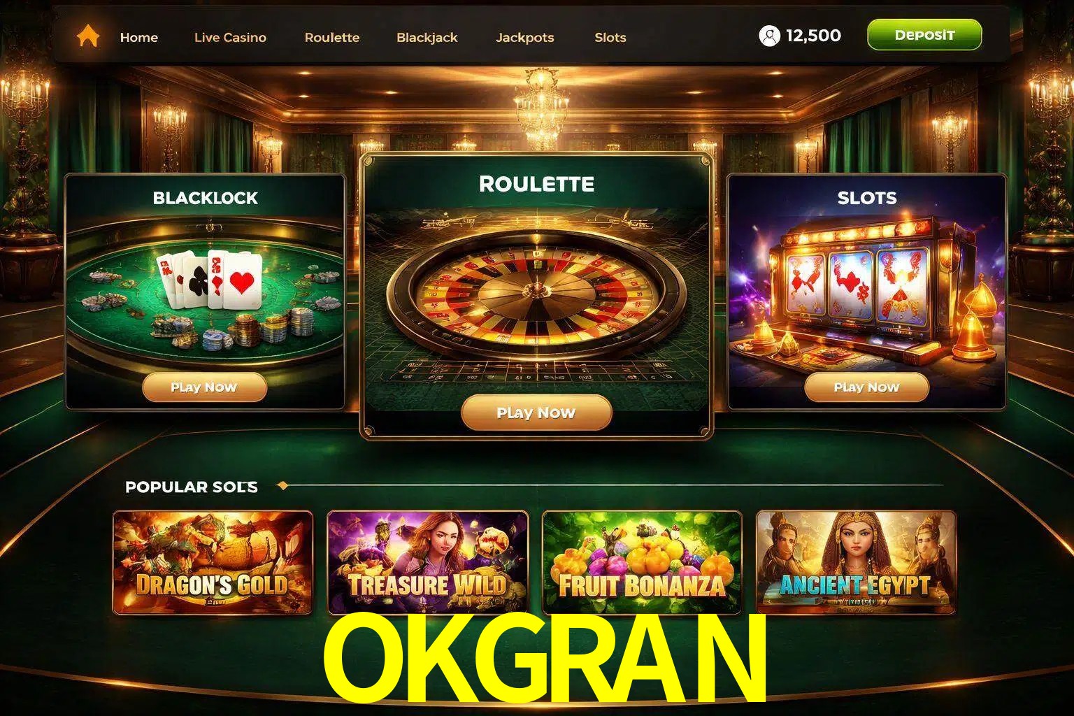 Vista de la plataforma OKGRAN Casino mostrando categorías organizadas de juegos en línea