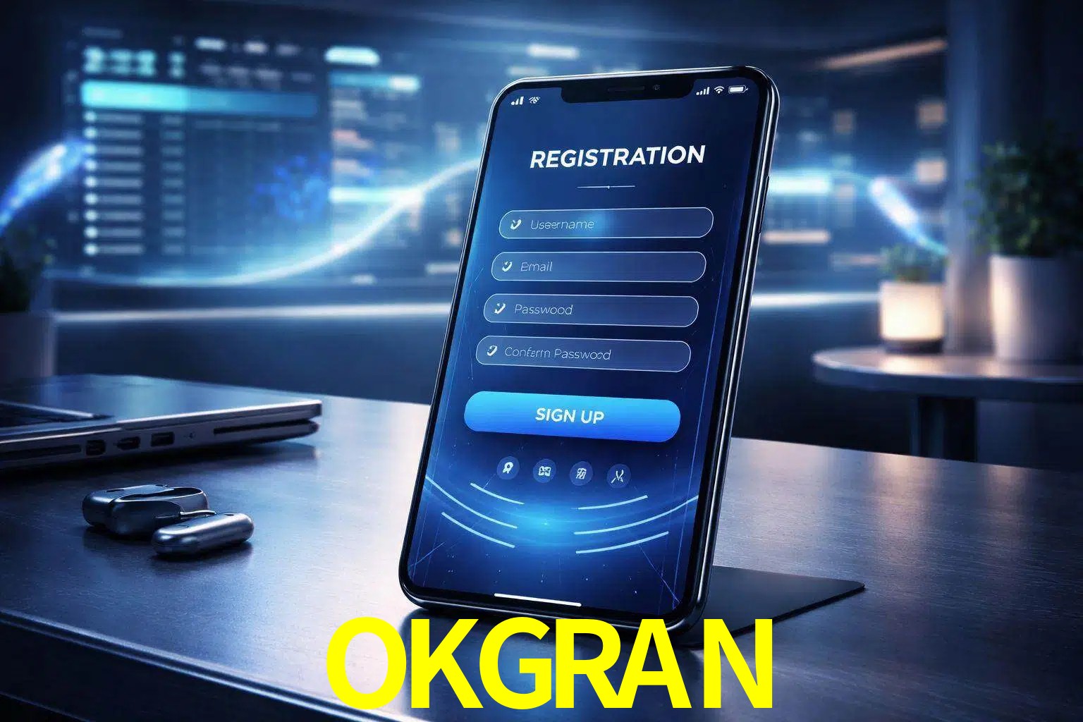 Una interfaz moderna de registro móvil para OKGRAN mostrada en un smartphone con un panel de apuestas elegante.